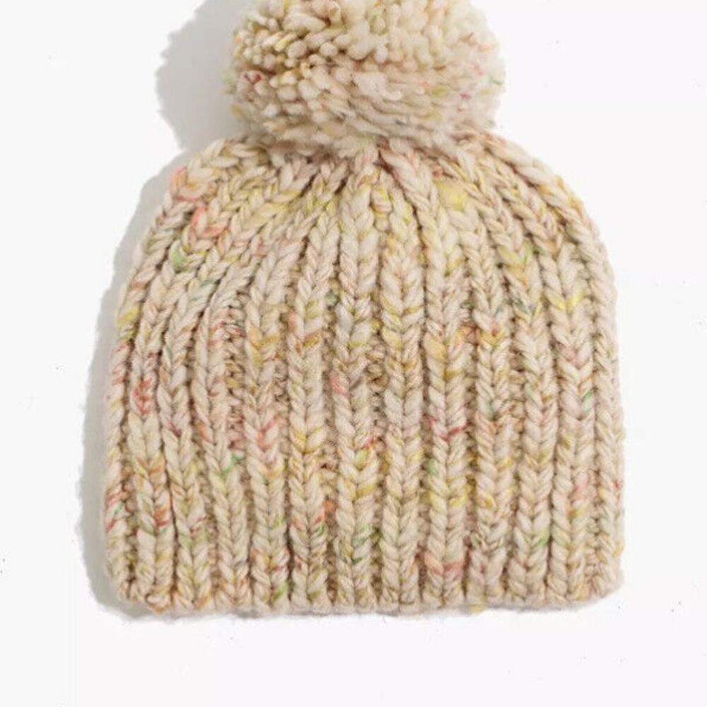 Madewell Chunky Multicolor Pom-Pom Beanie Cream Fall Tones NWT